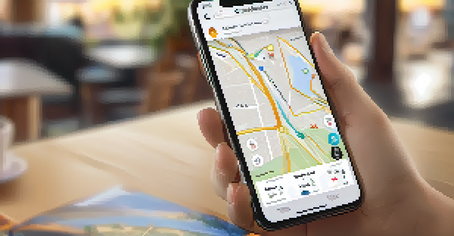 A close-up of a smartphone showing a carpooling app interface with a map, set against a cozy cafe background.