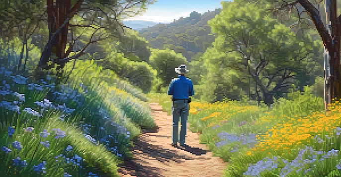 A birdwatcher on a trail in a green park, with colorful birds around and sunlight filtering through the trees.