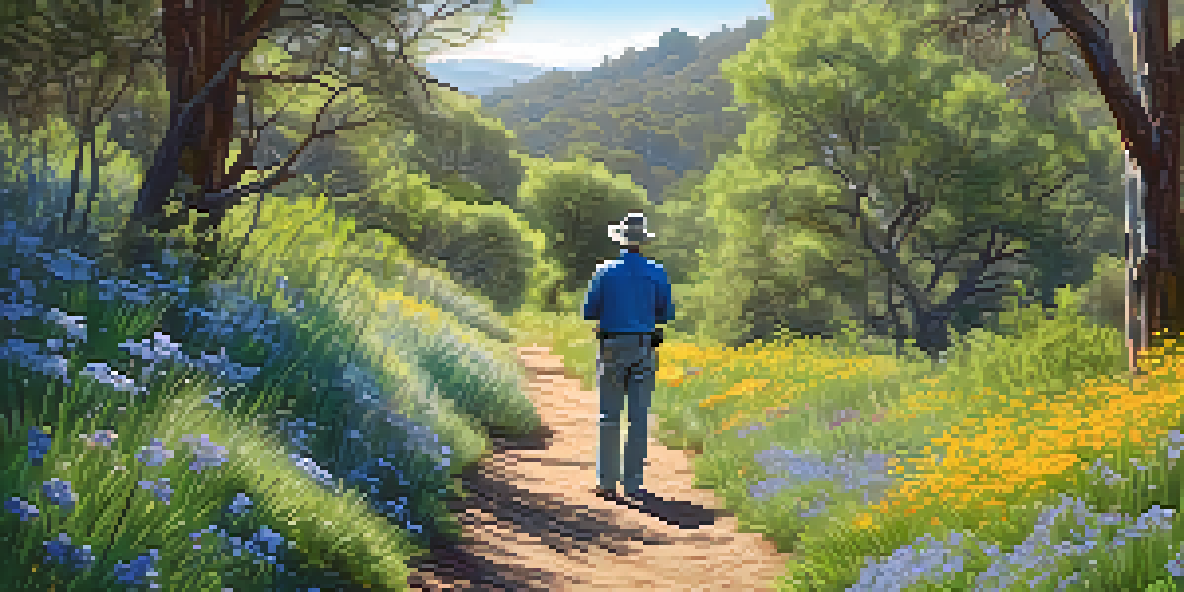 A birdwatcher on a trail in a green park, with colorful birds around and sunlight filtering through the trees.