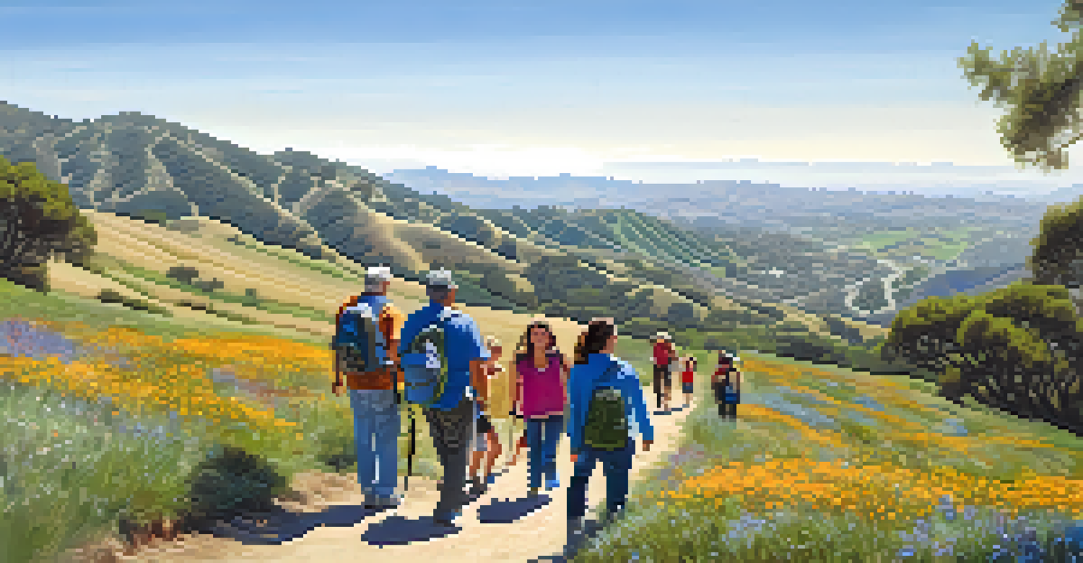 A group of hikers on a trail in Almaden Quicksilver County Park, surrounded by hills and wildflowers.