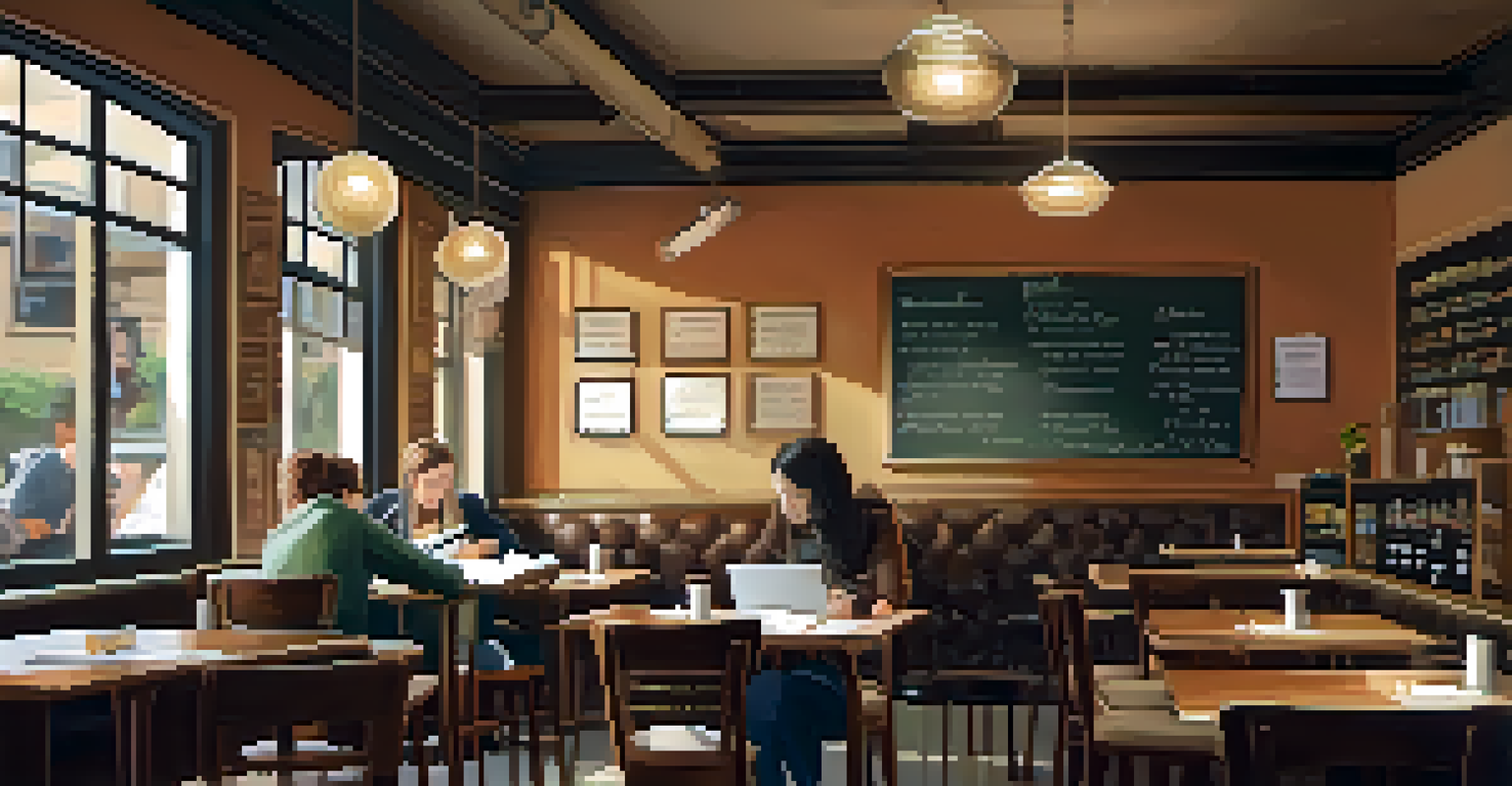 An adult learner studying in a café, with textbooks and notes on a wooden table, creating a warm and inviting atmosphere.