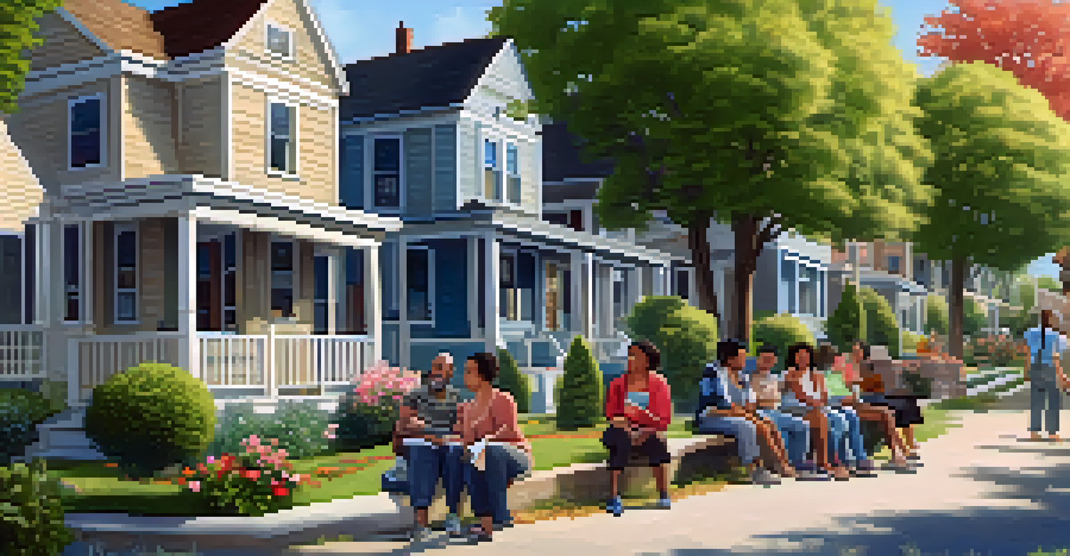 A diverse group of residents sharing their housing experiences in a sunny neighborhood with charming houses and blooming gardens.
