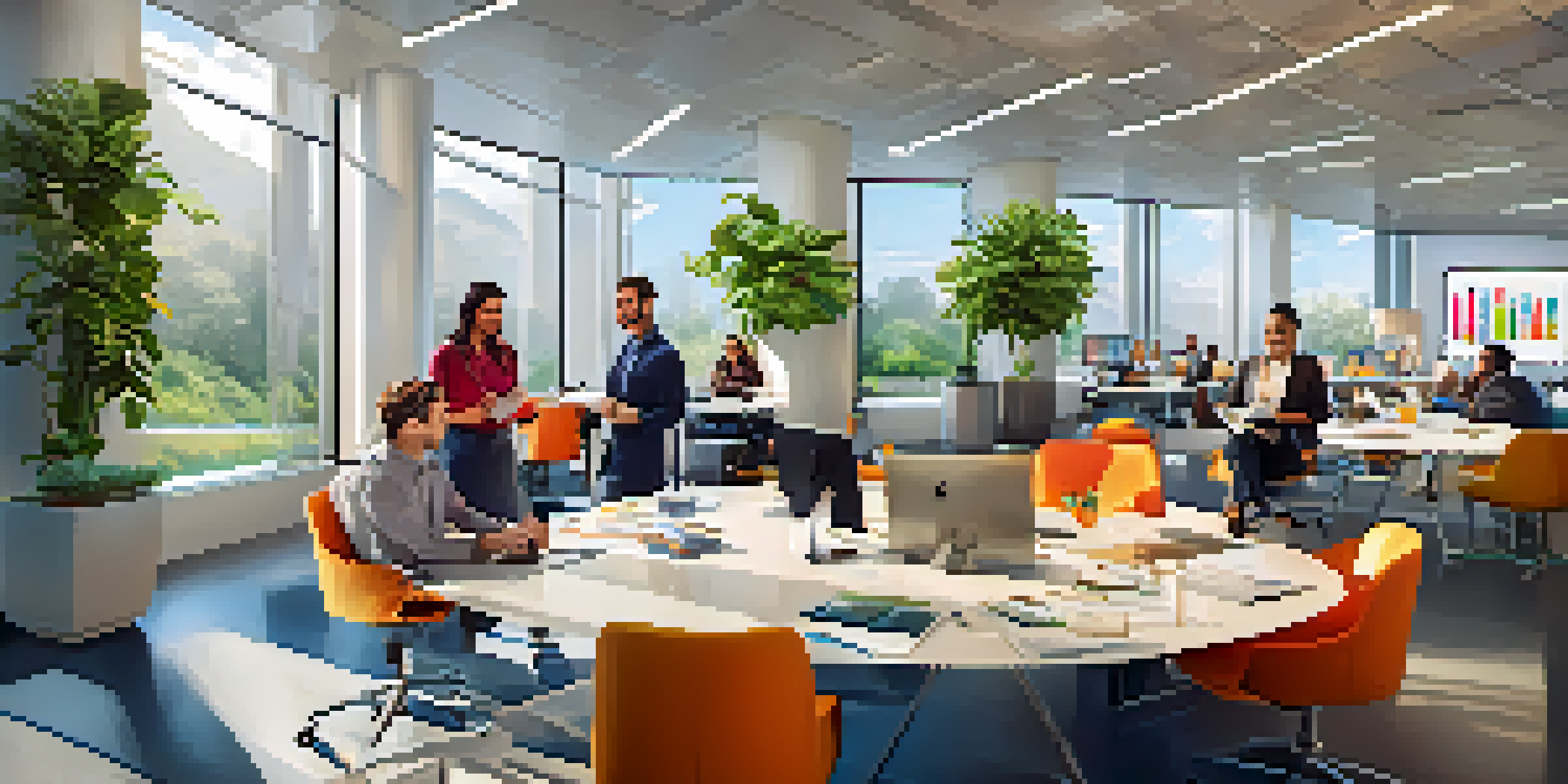 A diverse group of employees collaborating in a bright corporate office filled with natural light and modern decor.