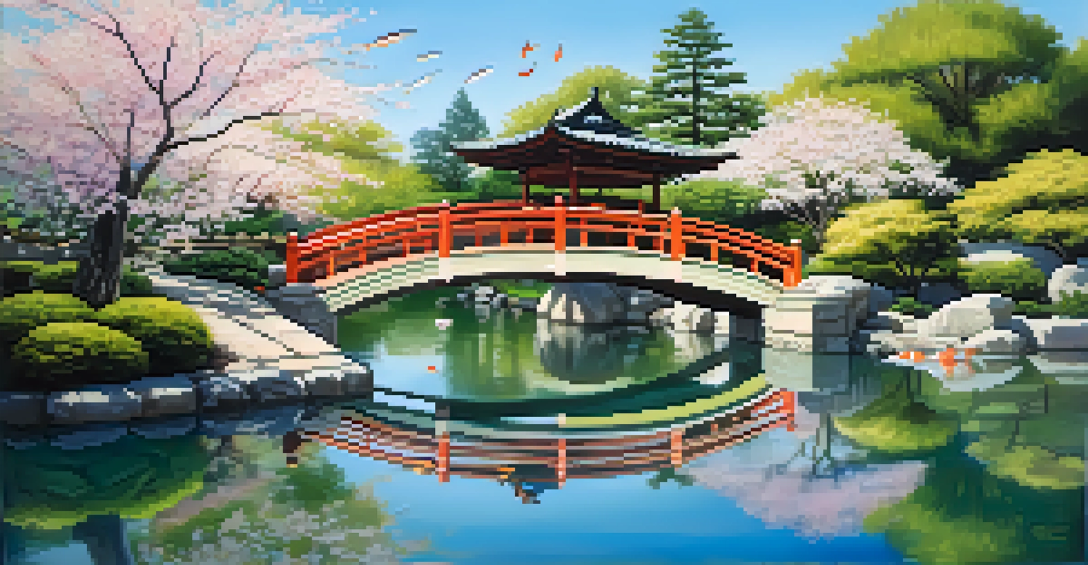 A tranquil koi pond in a Japanese garden with traditional architecture and cherry blossom trees under a clear sky.