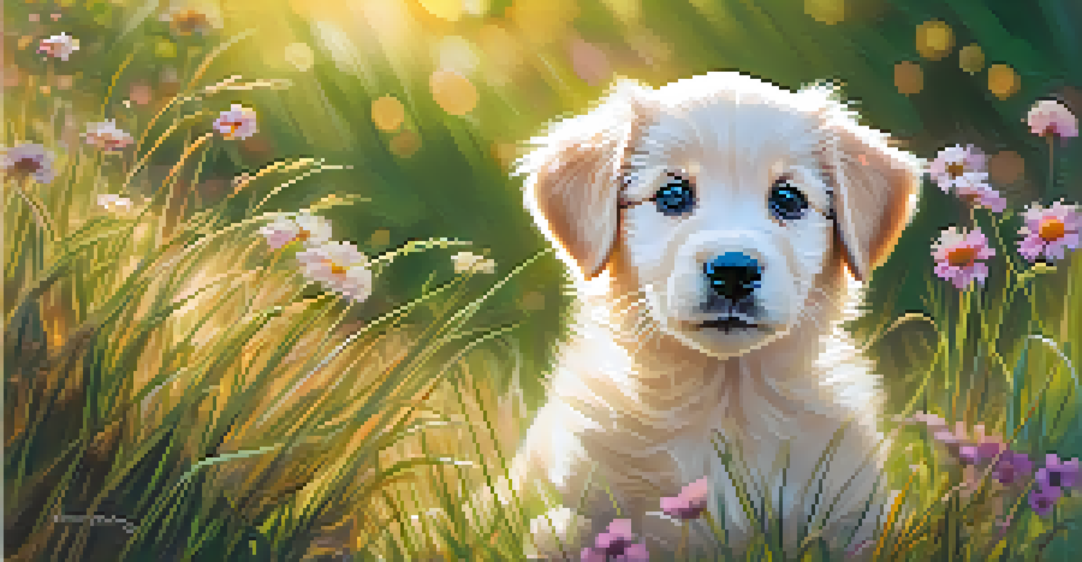 A close-up of an adorable golden puppy in a grassy field filled with colorful flowers, with sunlight filtering through the trees.