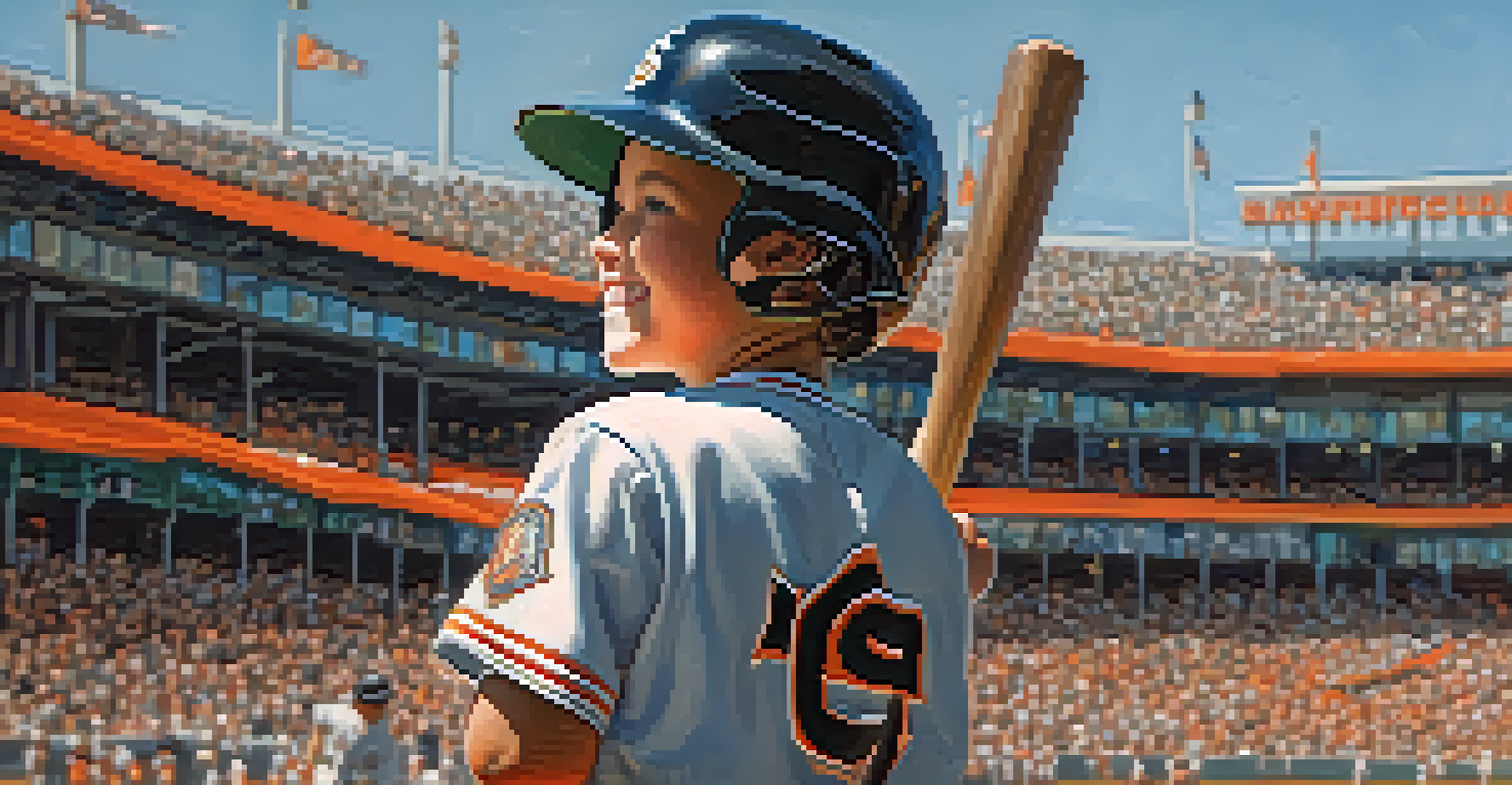 A young baseball player in a San Jose Giants uniform holding a bat, smiling with blurred cheering fans in the background.