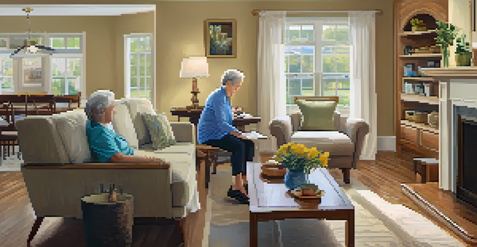 A caregiver helping a senior in a bright and cozy living room.