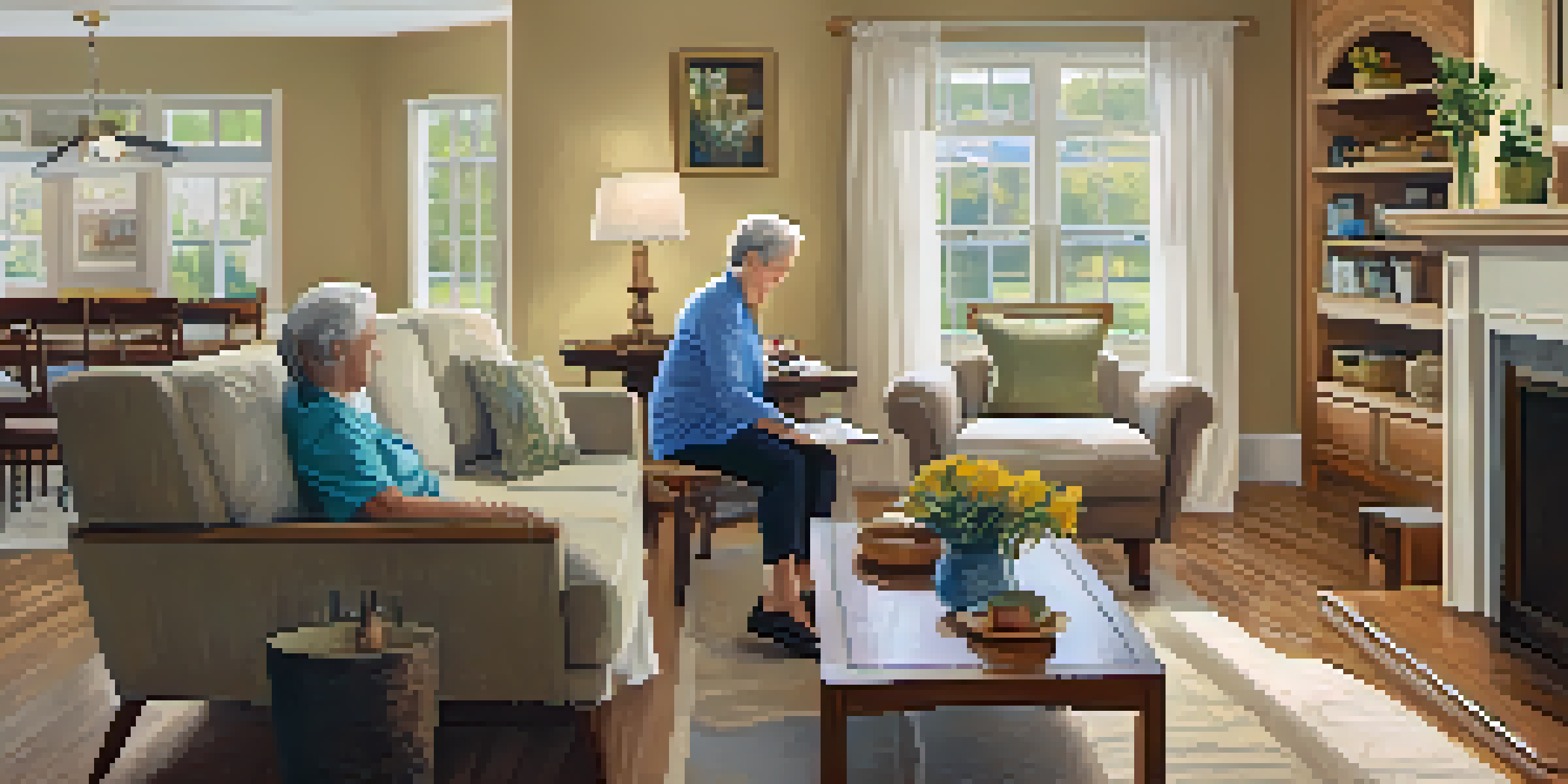 A caregiver helping a senior in a bright and cozy living room.