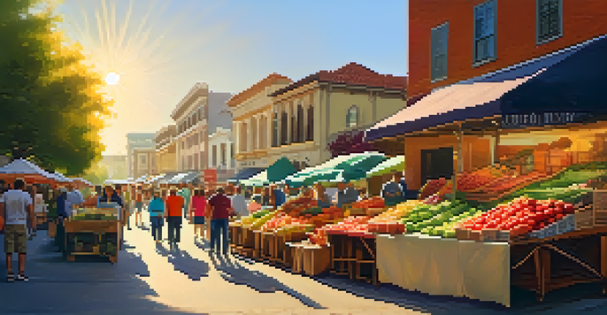 A lively farmers' market in San Jose with colorful stalls filled with fresh produce and local goods under warm sunlight.