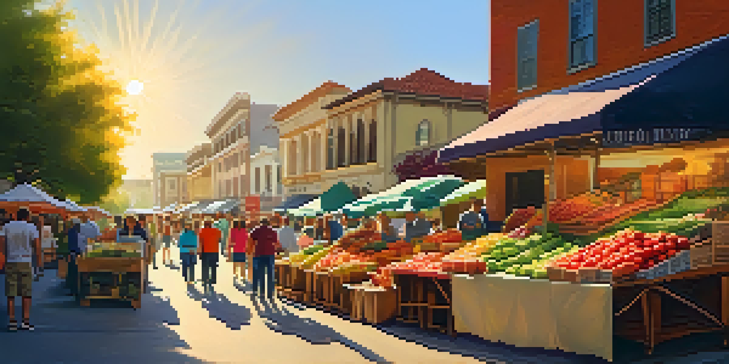 A lively farmers' market in San Jose with colorful stalls filled with fresh produce and local goods under warm sunlight.