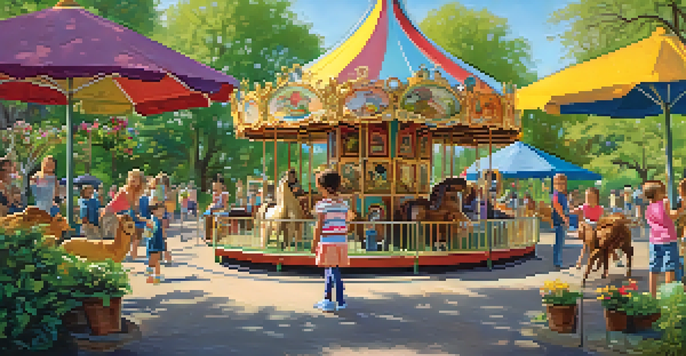 Children happily interacting with animals in a petting zoo, with a colorful carousel and blooming flowers in a sunny park.