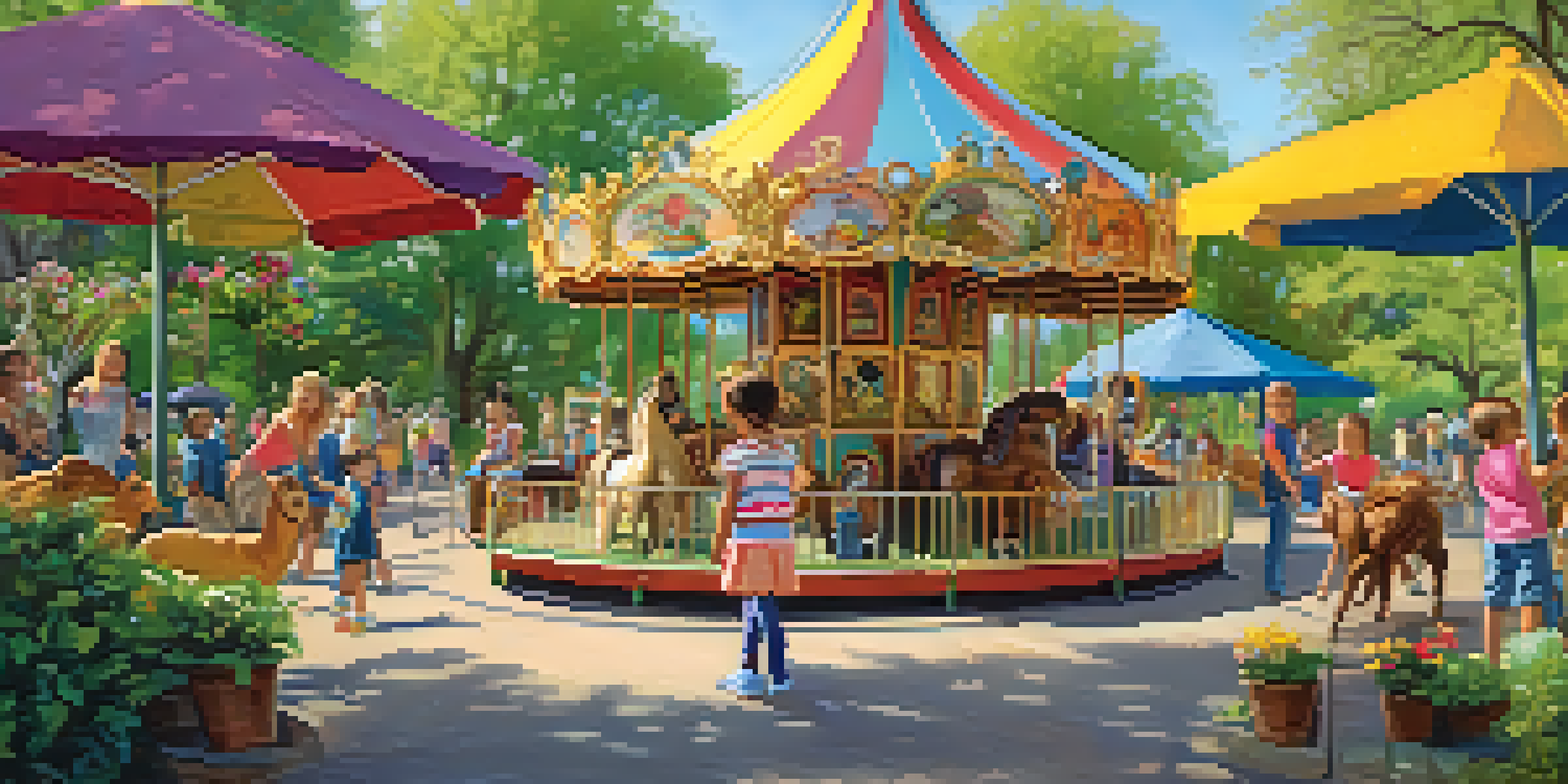Children happily interacting with animals in a petting zoo, with a colorful carousel and blooming flowers in a sunny park.