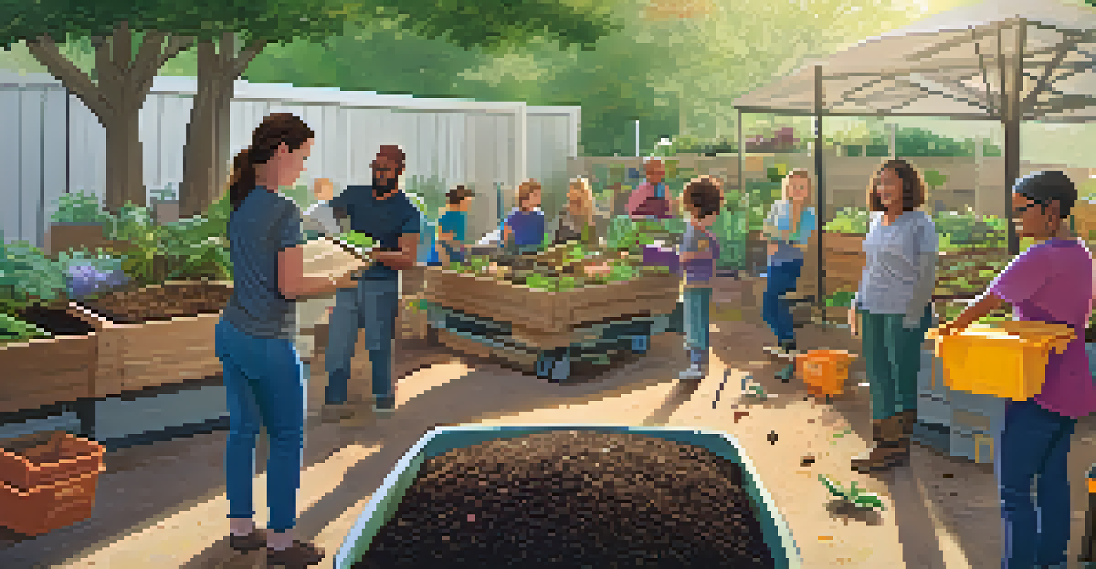 A composting workshop with diverse participants learning about compost layers, surrounded by compost bins and a lush garden.