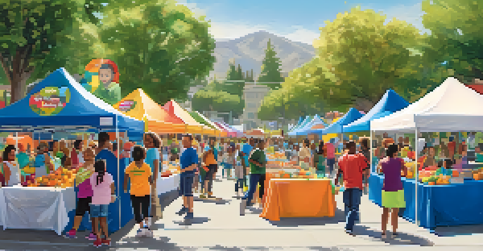 A lively community health fair with families participating in health activities, colorful booths, and a sunny atmosphere.