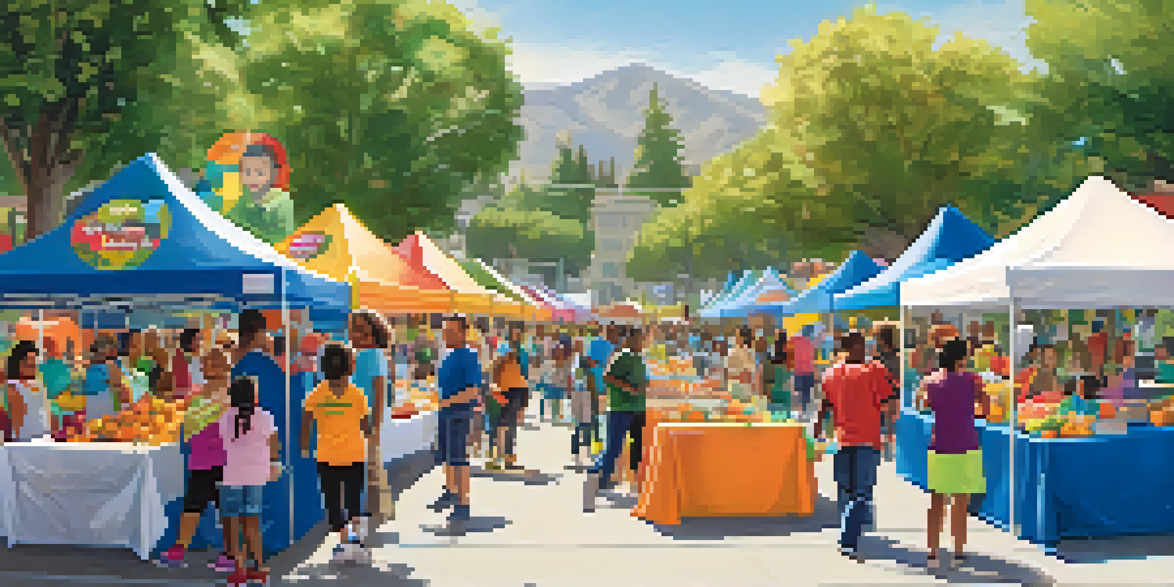 A lively community health fair with families participating in health activities, colorful booths, and a sunny atmosphere.