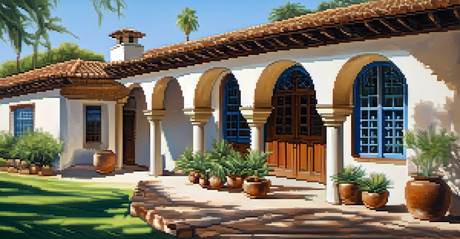 The historic Peralta Adobe showcasing Mission Revival architecture with rounded arches and decorative tiles, set in a lush garden.