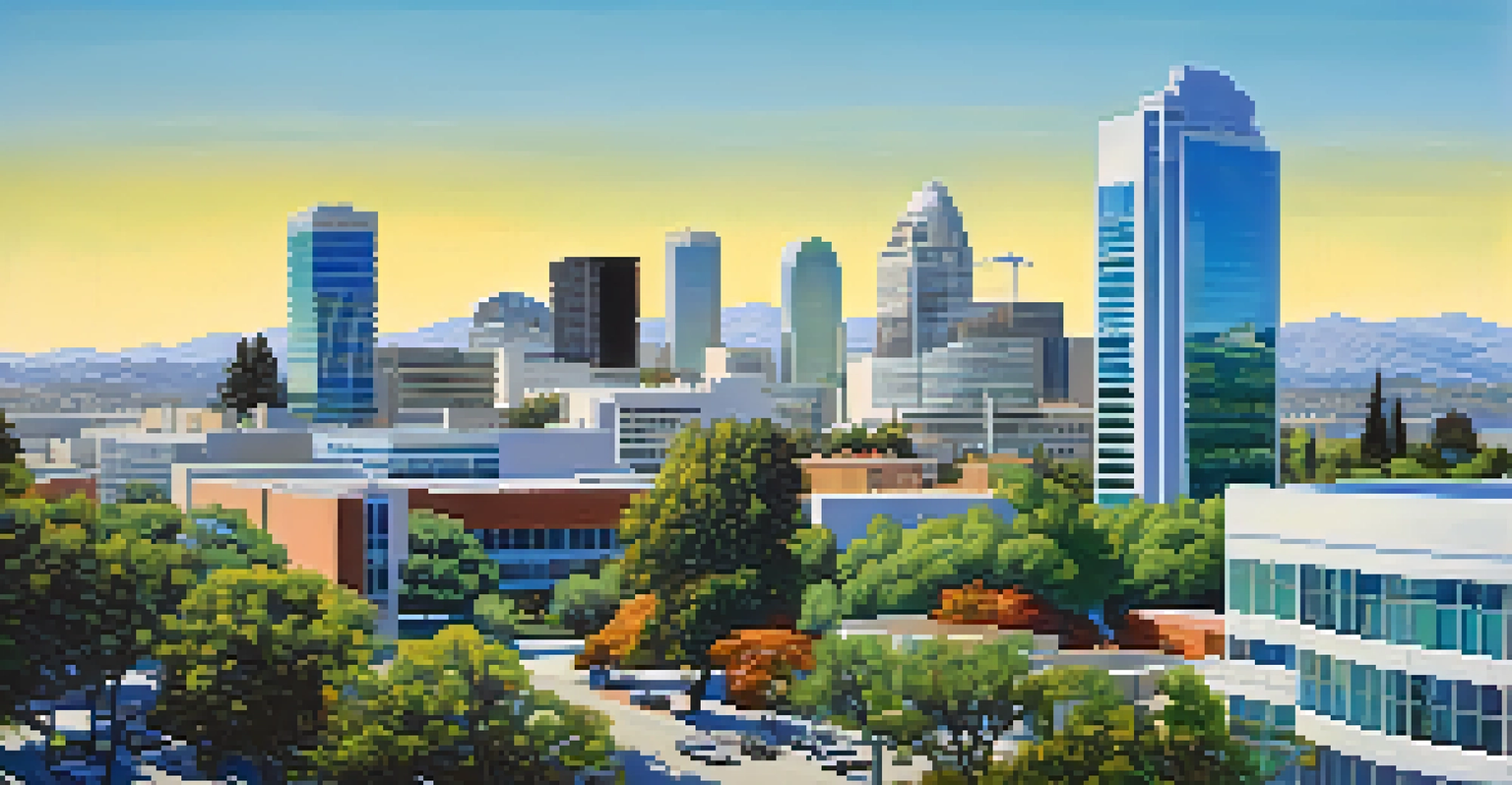 San Jose skyline with modern office buildings displaying biotech company logos and greenery in the foreground.