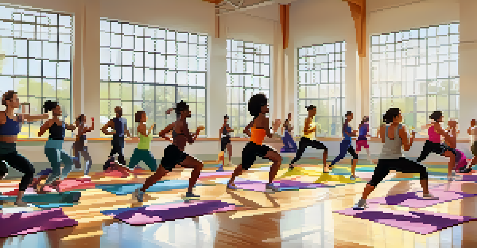 A diverse group of people participating in a fitness class in a bright gymnasium, following an enthusiastic instructor.