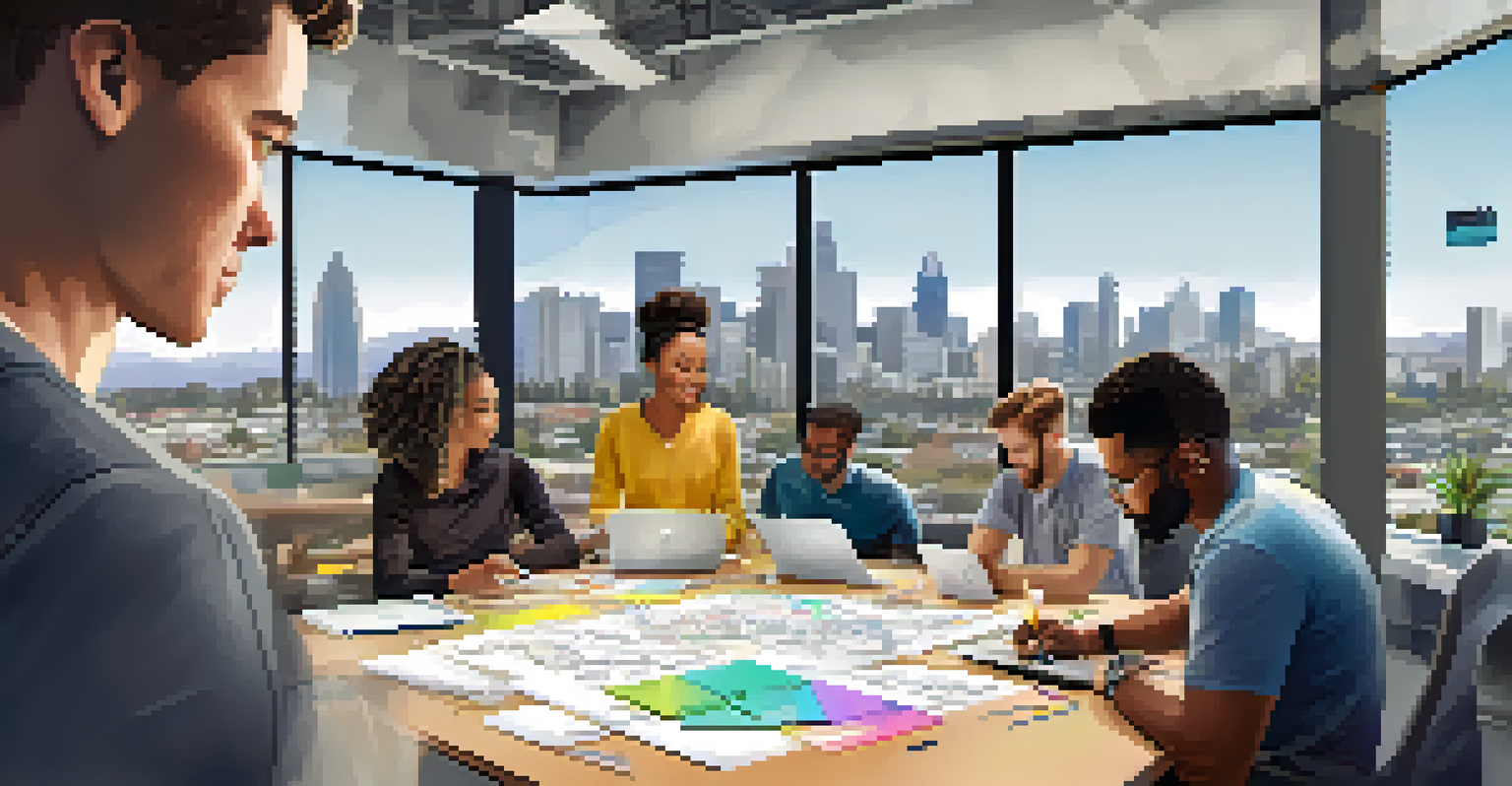 A close-up of a diverse team brainstorming over a tablet, surrounded by sketches and a modern workspace with the San Jose skyline visible in the background.