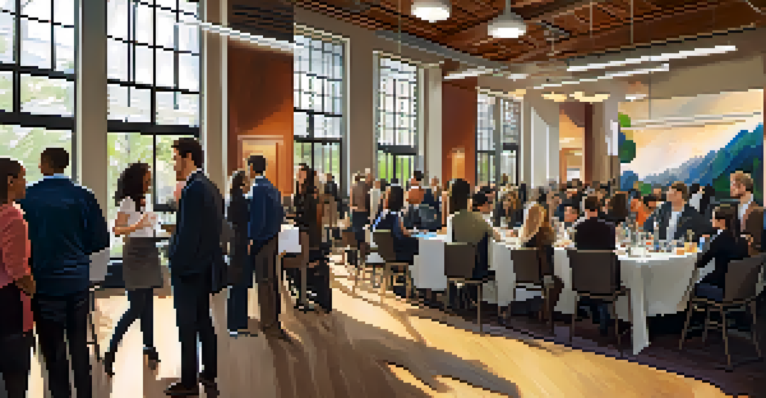A networking event at a university with diverse students interacting with industry professionals, surrounded by banners and warm lighting.