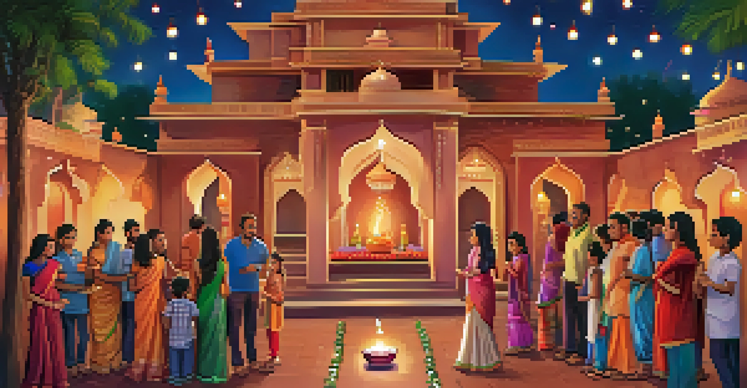 A peaceful Diwali celebration with glowing oil lamps, families exchanging gifts, and fireworks illuminating the night sky.