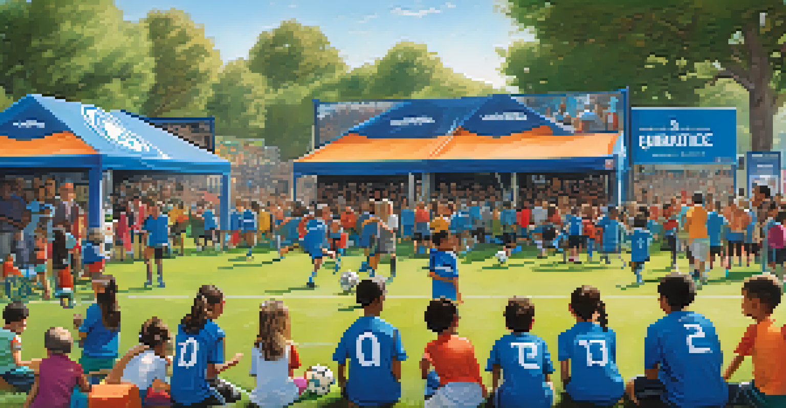Families enjoying a community soccer event with children participating in drills, colorful booths, and the Earthquakes logo in the background.