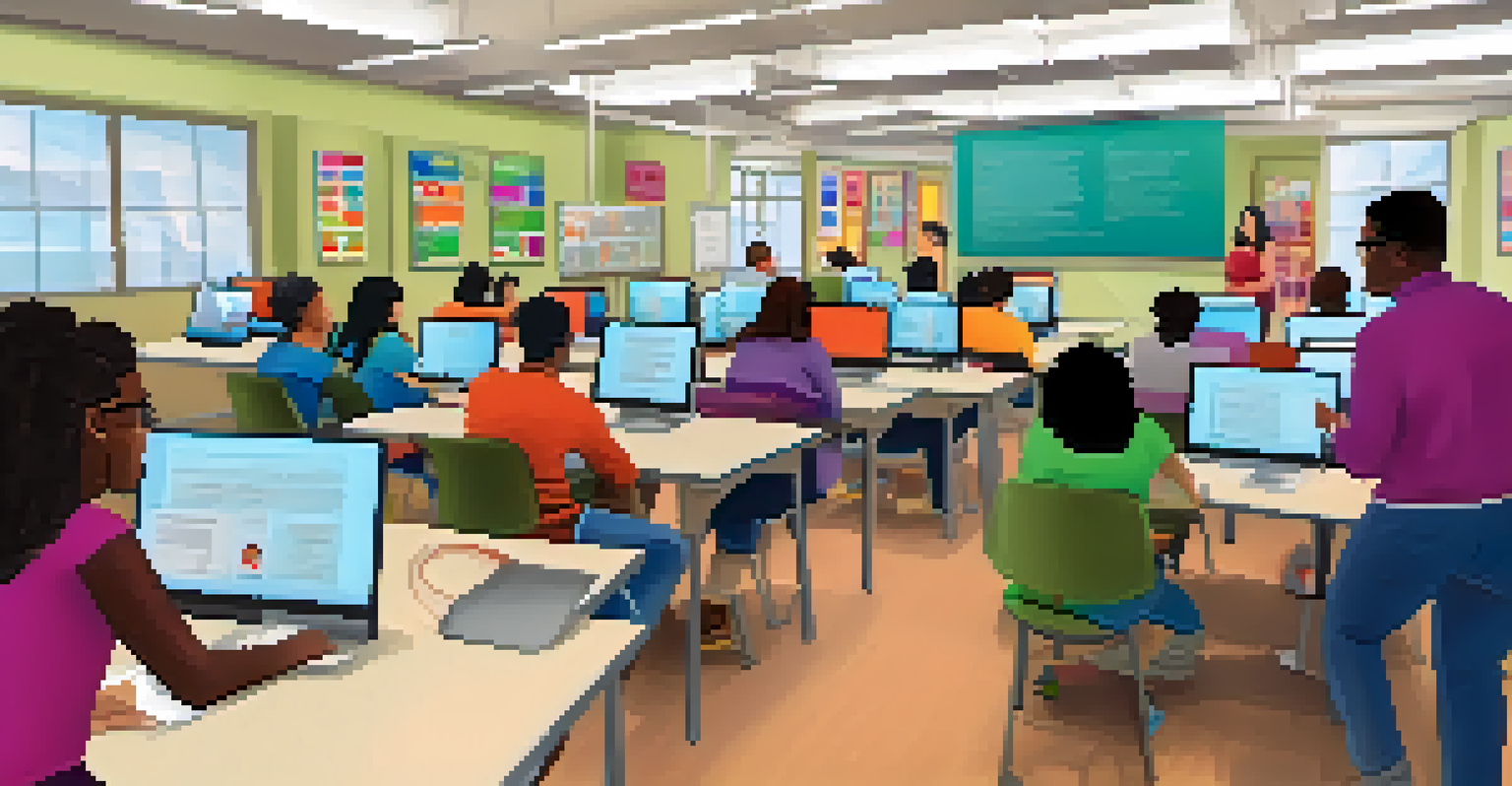 A digital literacy class in a public library with diverse adults engaged in learning how to use computers under the guidance of an instructor.