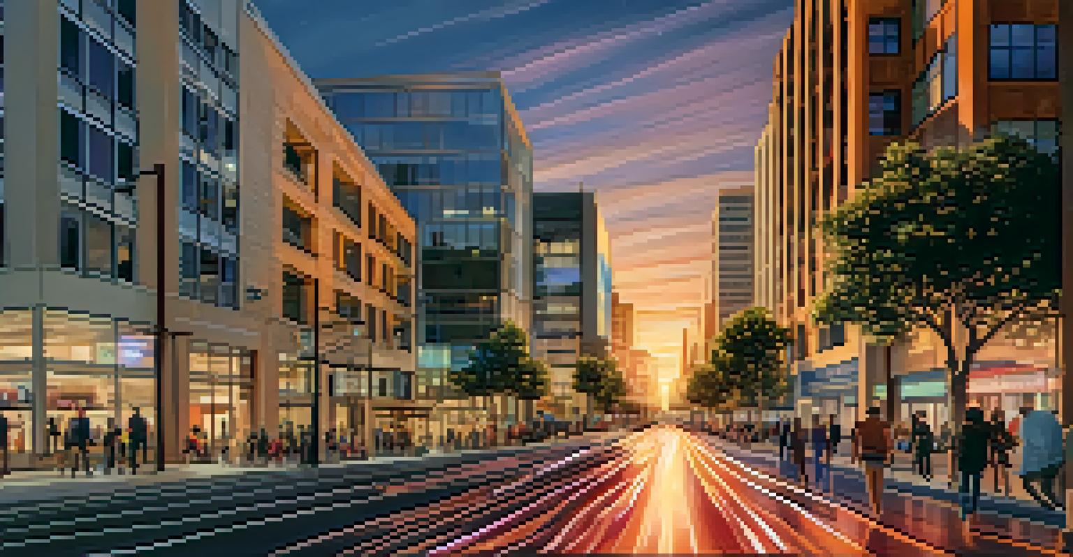 An urban street with buildings illuminated by augmented reality light projections, with people admiring the installation during sunset.