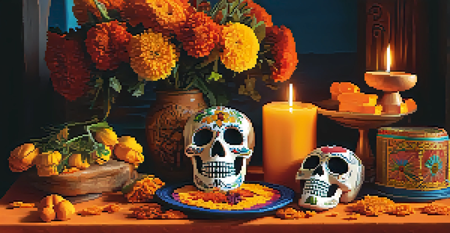 A decorated altar for Dia de Los Muertos featuring marigold flowers, photographs, and candles, creating a colorful and reflective atmosphere.