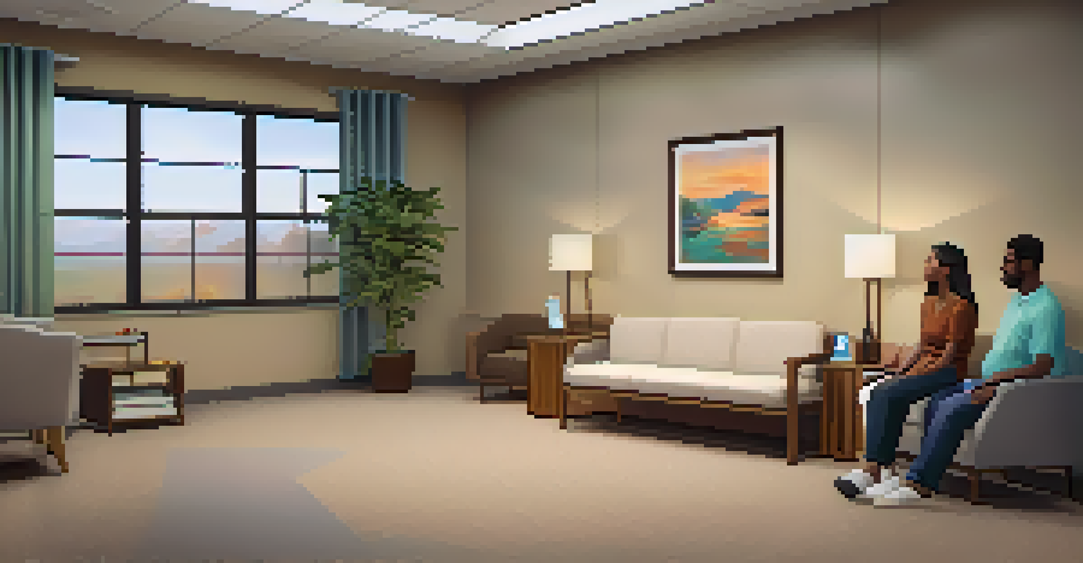 A cozy counseling room in a community health clinic with a counselor and patient in a warm and inviting atmosphere.