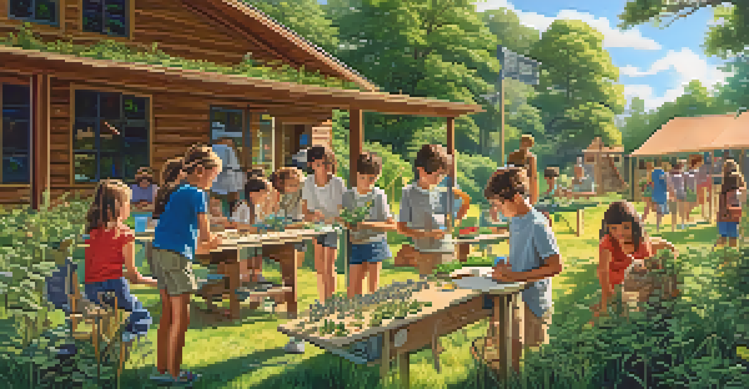 Children at an outdoor summer camp, engaged in nature exploration and science experiments amidst a lush green environment.