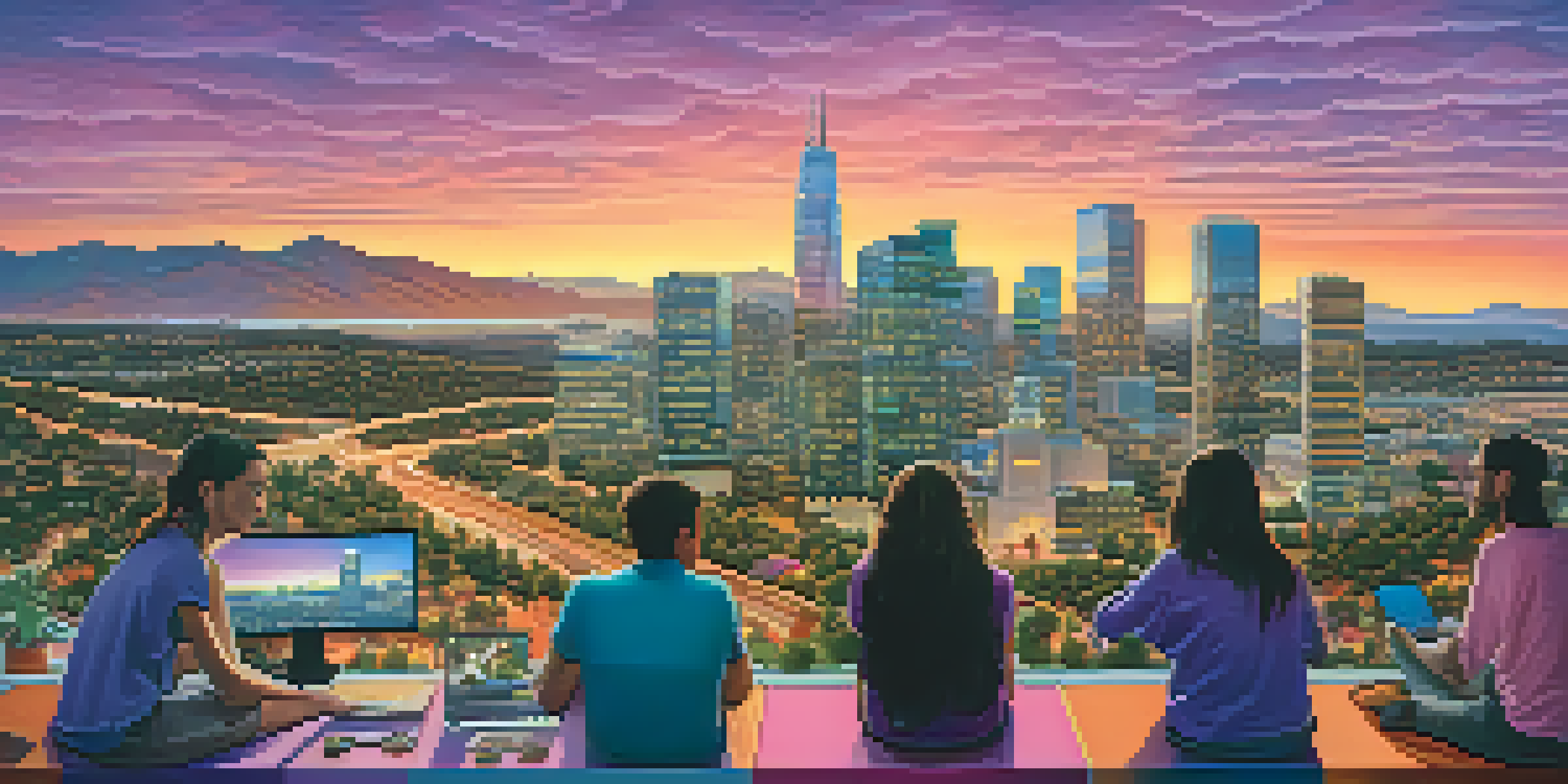 A sunset view of Silicon Valley's skyline with colorful skies and people discussing in the foreground.