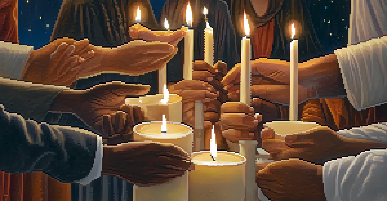 Close-up of diverse hands holding candles during an interfaith peace walk, symbolizing unity and hope.