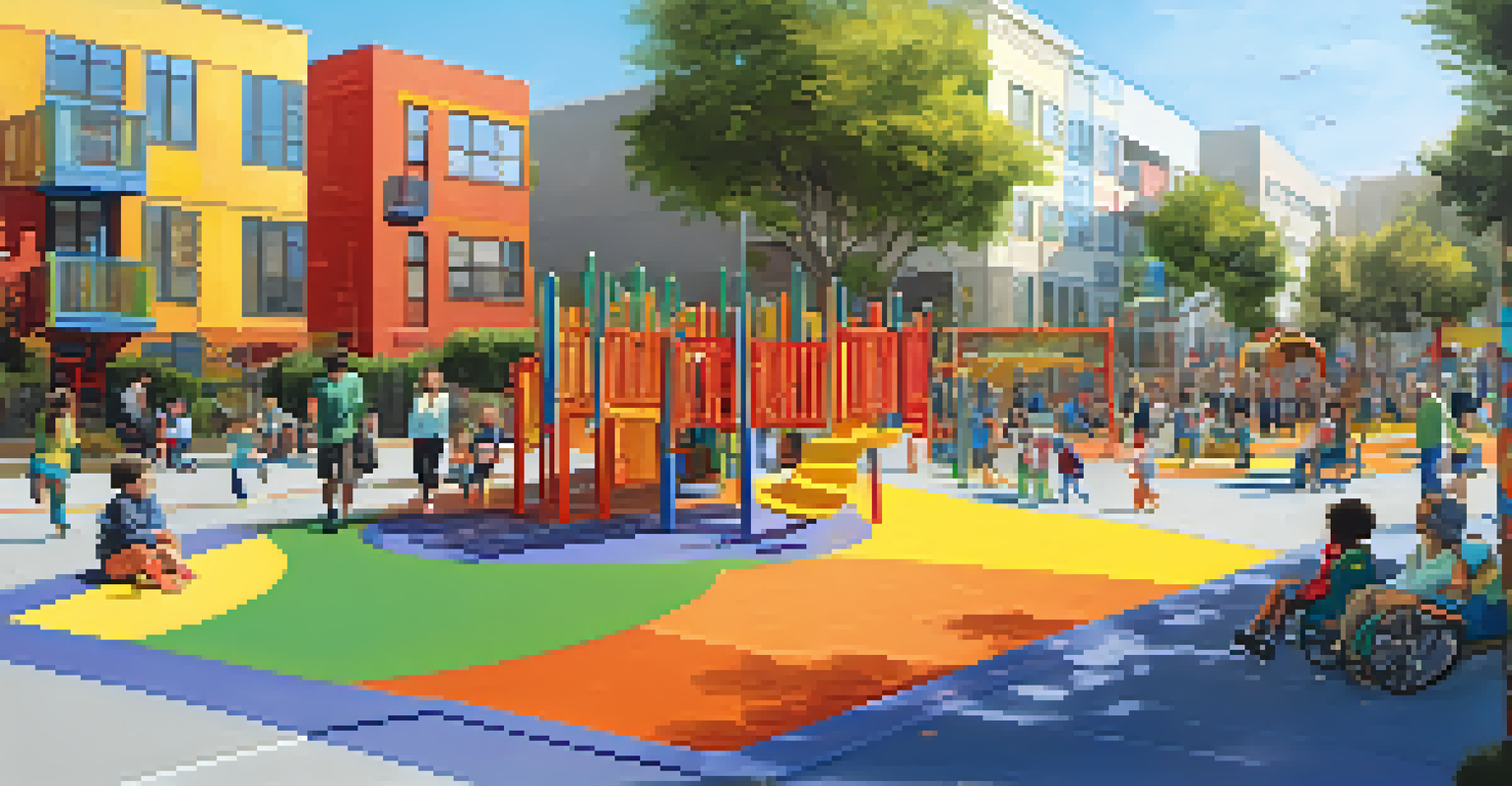 An inclusive playground in San Francisco with adaptive equipment for children of all abilities, filled with kids playing.