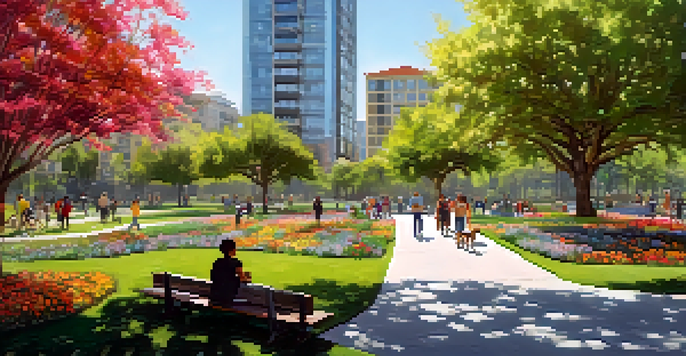 A peaceful urban park in San Jose with trees, flowers, and people enjoying various activities under a clear blue sky.