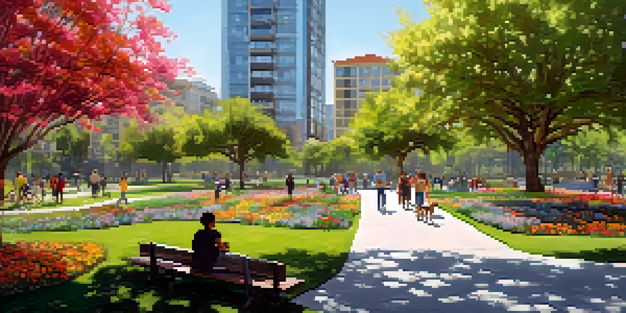 A peaceful urban park in San Jose with trees, flowers, and people enjoying various activities under a clear blue sky.