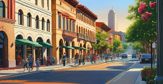 A street view in downtown San Jose featuring modern skyscrapers alongside Spanish Colonial buildings, illuminated by warm evening light.