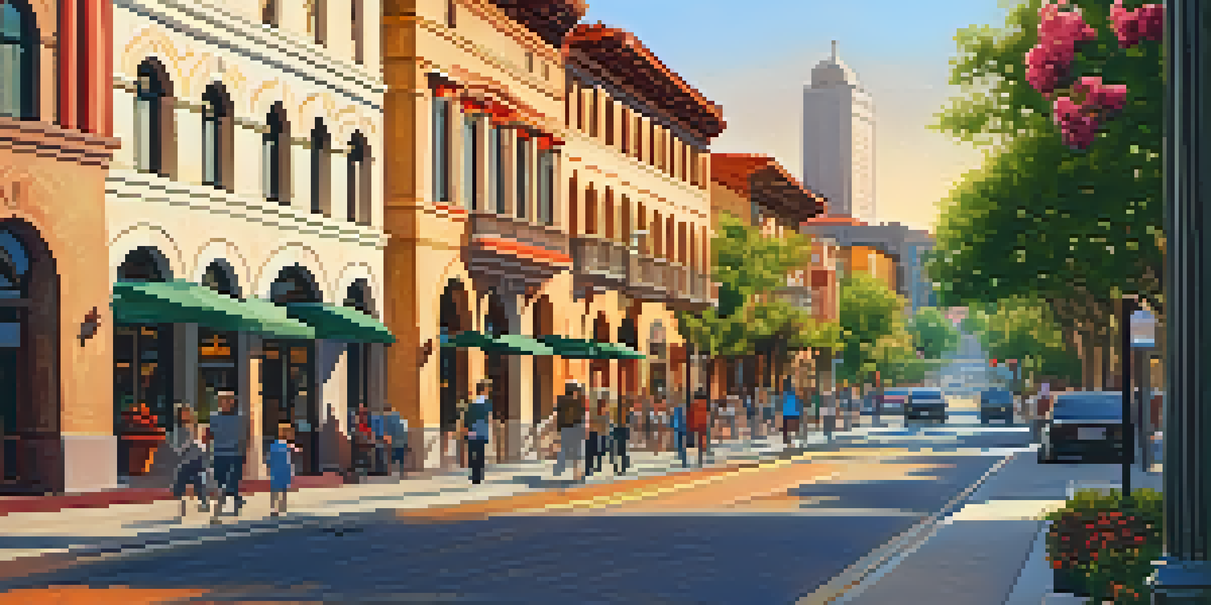 A street view in downtown San Jose featuring modern skyscrapers alongside Spanish Colonial buildings, illuminated by warm evening light.
