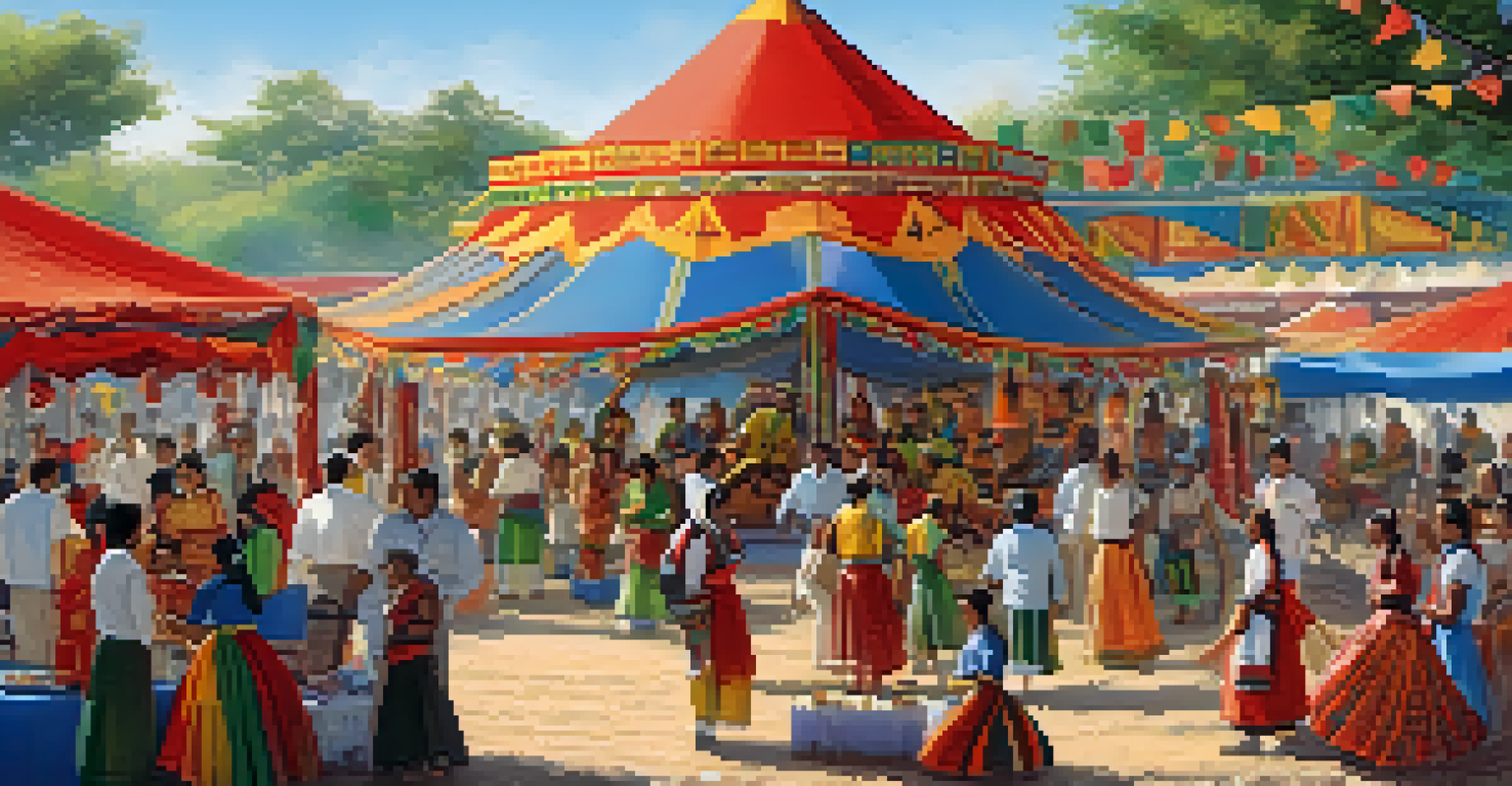 A lively outdoor cultural festival with colorful tents and performers. Families are enjoying traditional crafts and food.