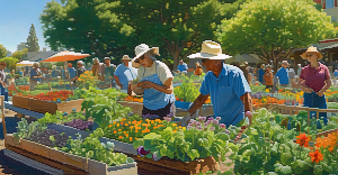 A community garden in San Jose with diverse residents working together, surrounded by colorful flowers and vegetables under a sunny sky.