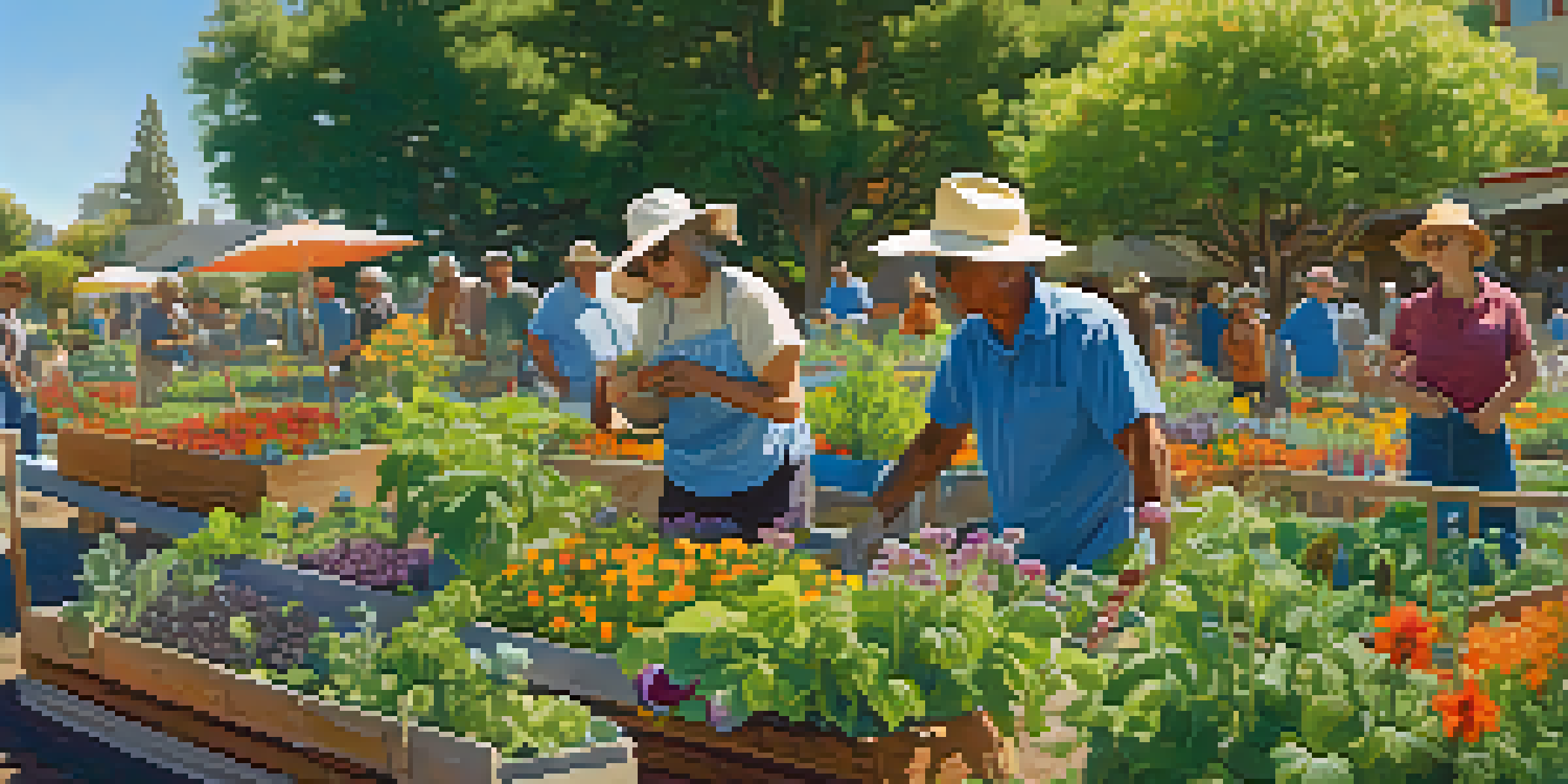 A community garden in San Jose with diverse residents working together, surrounded by colorful flowers and vegetables under a sunny sky.