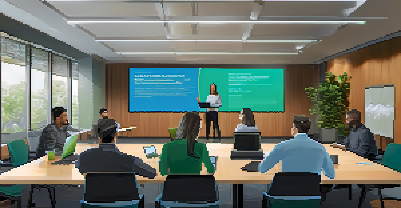 Community members engaging in a virtual town hall meeting in a modern conference room, using laptops and tablets.