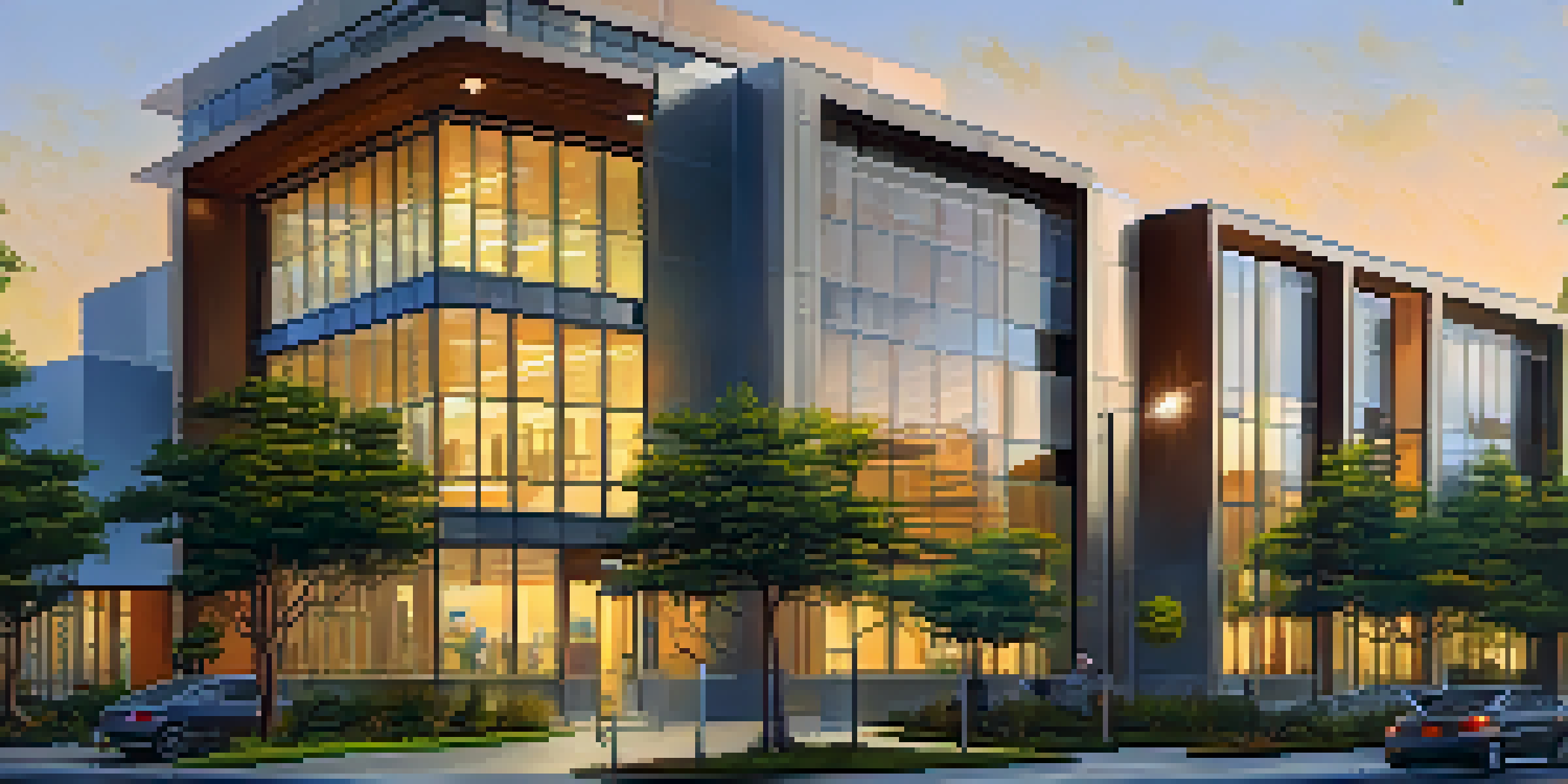A contemporary building in San Jose with solar panels on its facade, surrounded by greenery during sunset.