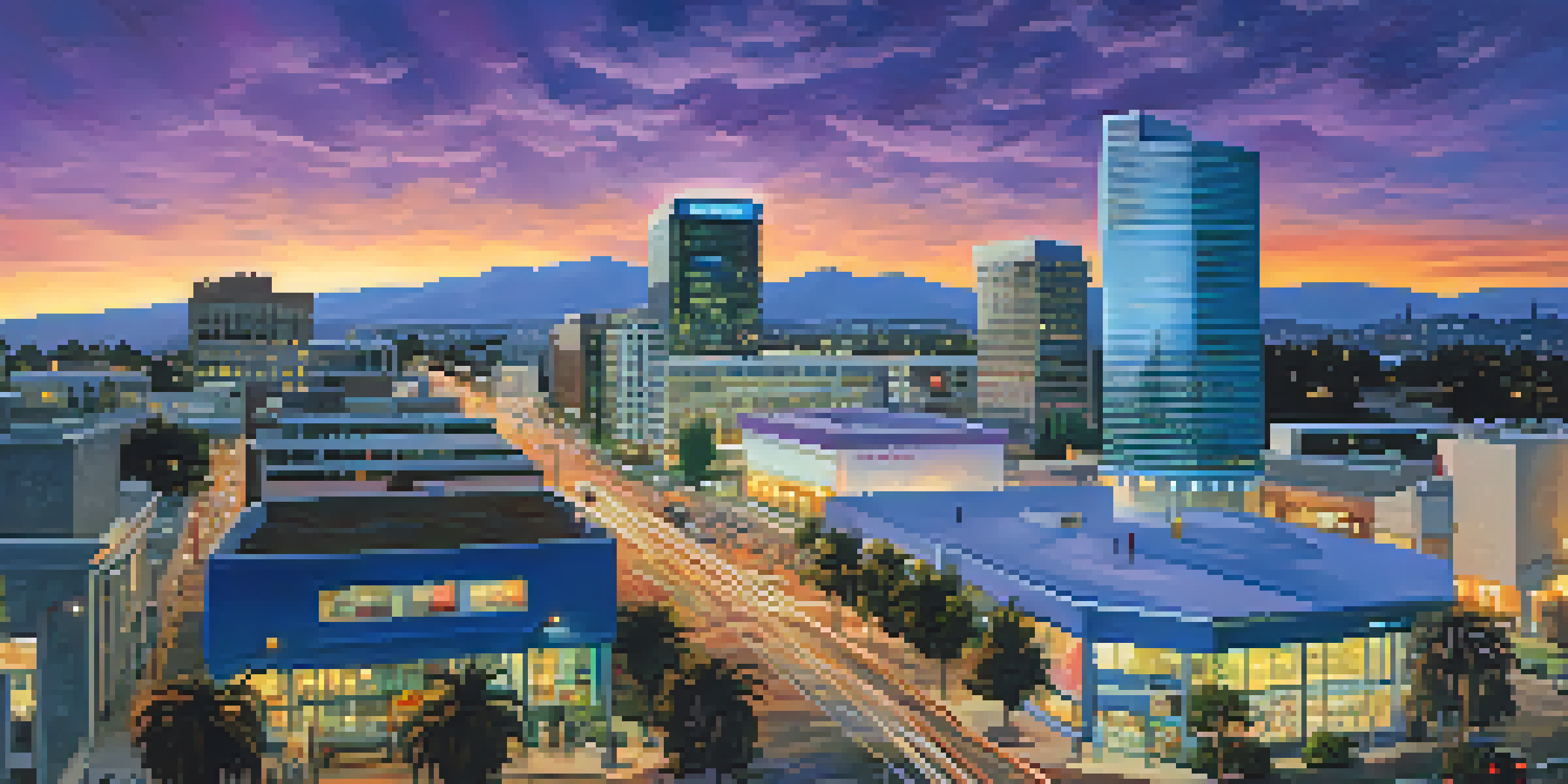 A cityscape of San Jose at dusk with the Cisco Systems building illuminated and people using technology in the foreground.