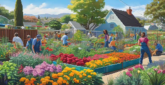 A colorful community garden with diverse plants, where people of various backgrounds are gardening together under a sunny sky.