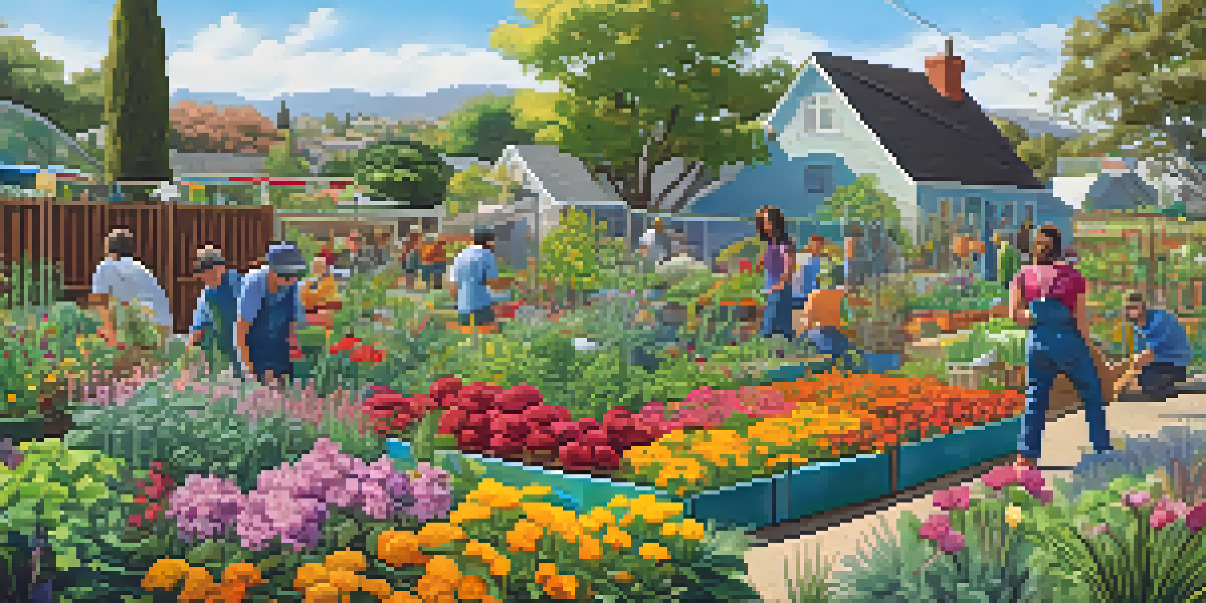 A colorful community garden with diverse plants, where people of various backgrounds are gardening together under a sunny sky.