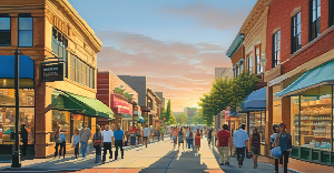 A vibrant street in San Jose filled with small businesses, people walking, and a warm sunset glow.