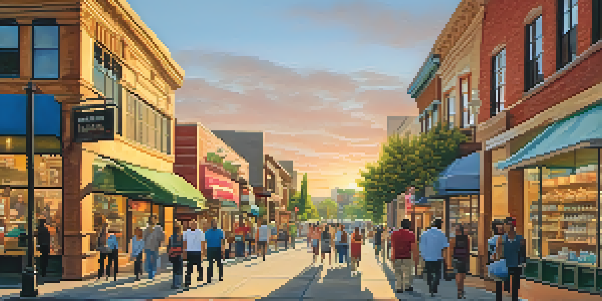 A vibrant street in San Jose filled with small businesses, people walking, and a warm sunset glow.