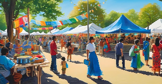 A lively community festival with colorful booths, families enjoying performances, and clear blue skies.