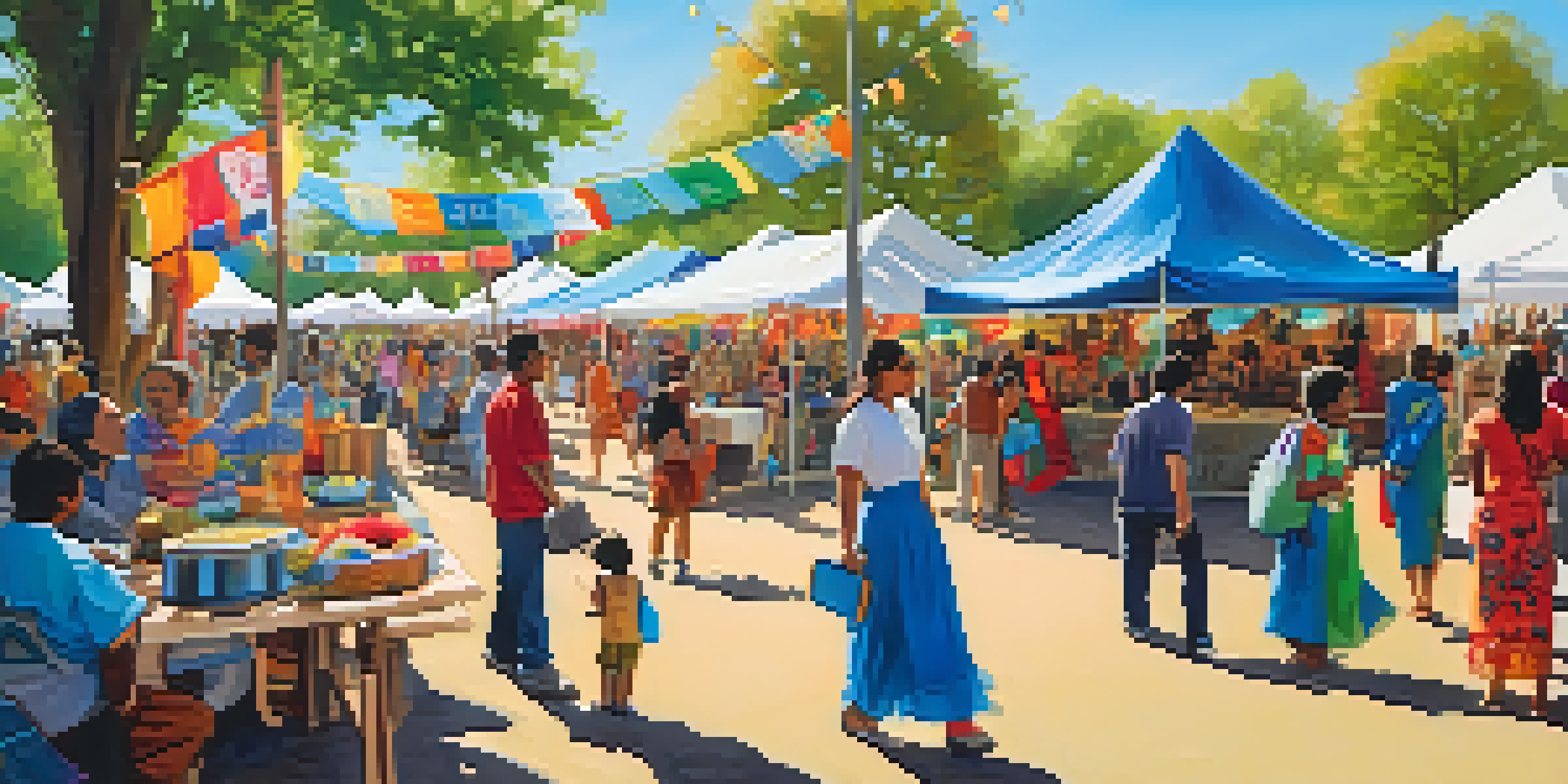 A lively community festival with colorful booths, families enjoying performances, and clear blue skies.